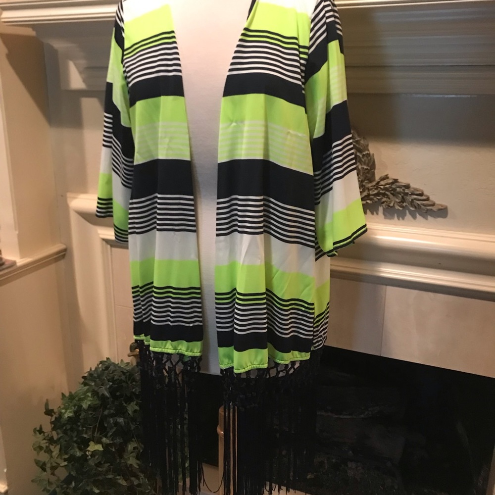 Kimono. Lime green, navy and white. Long navy fringe.